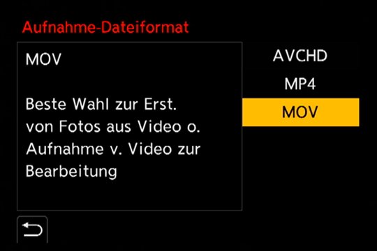 Untermenü, Aufnahme-Dateiformat